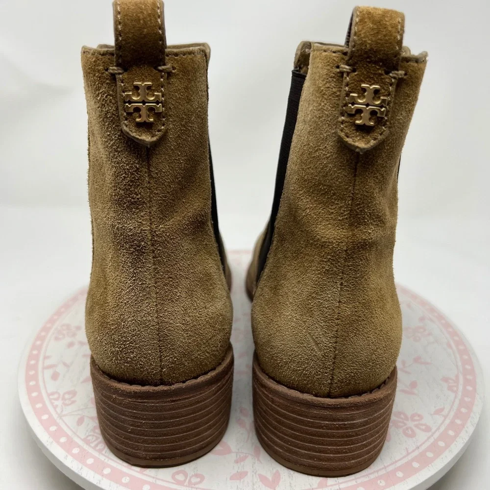 Tory Burch Chelsea Boots Women 10.5 Tan Suede Leather Square Toe Block Heel Pull